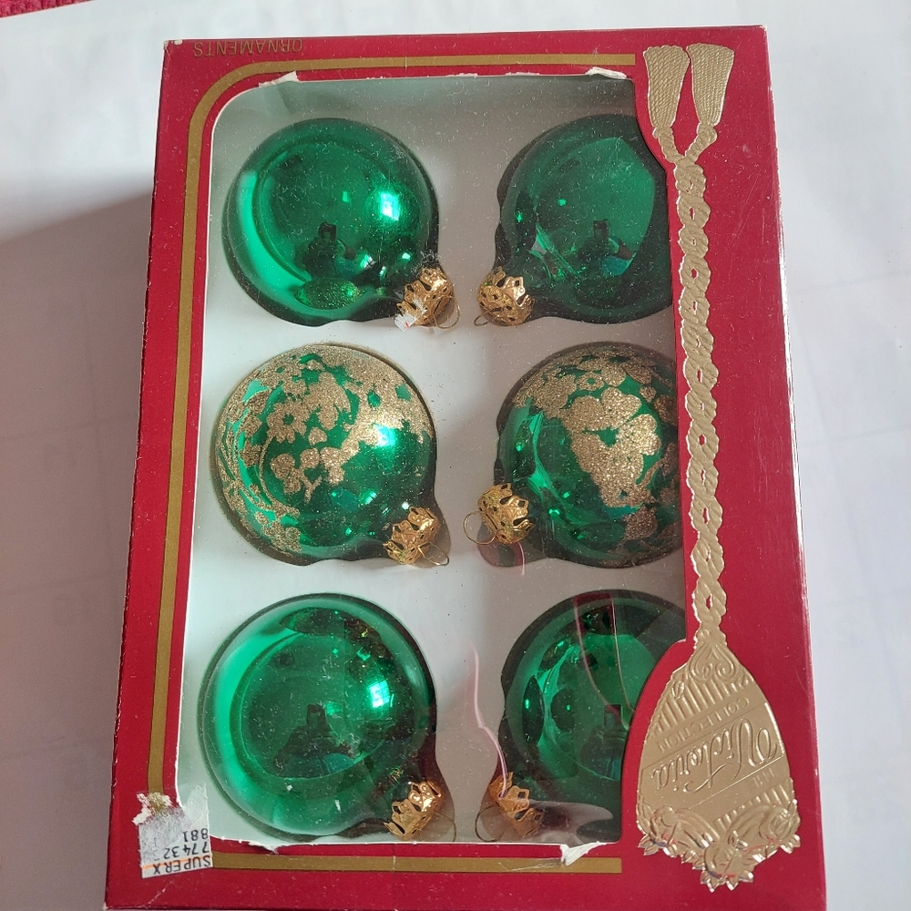Glass Christmas Made In USA  Collection Green Gold Glitter Trees Set of 6